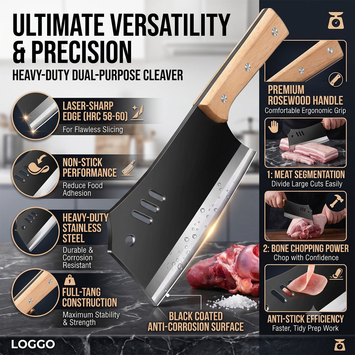 Meat Cleaver Knife, Heavy Duty Dual-Purpose Bone Chopping & Slicing Cleaver with Non-Stick Slots, Ultra Sharp Black Stainless Steel & Solid Wooden Handle, for Kitchen Butchering Meat Cutting Home Restaurant Chefs