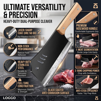 Meat Cleaver Knife, Heavy Duty Dual-Purpose Bone Chopping & Slicing Cleaver with Non-Stick Slots, Ultra Sharp Black Stainless Steel & Solid Wooden Handle, for Kitchen Butchering Meat Cutting Home Restaurant Chefs