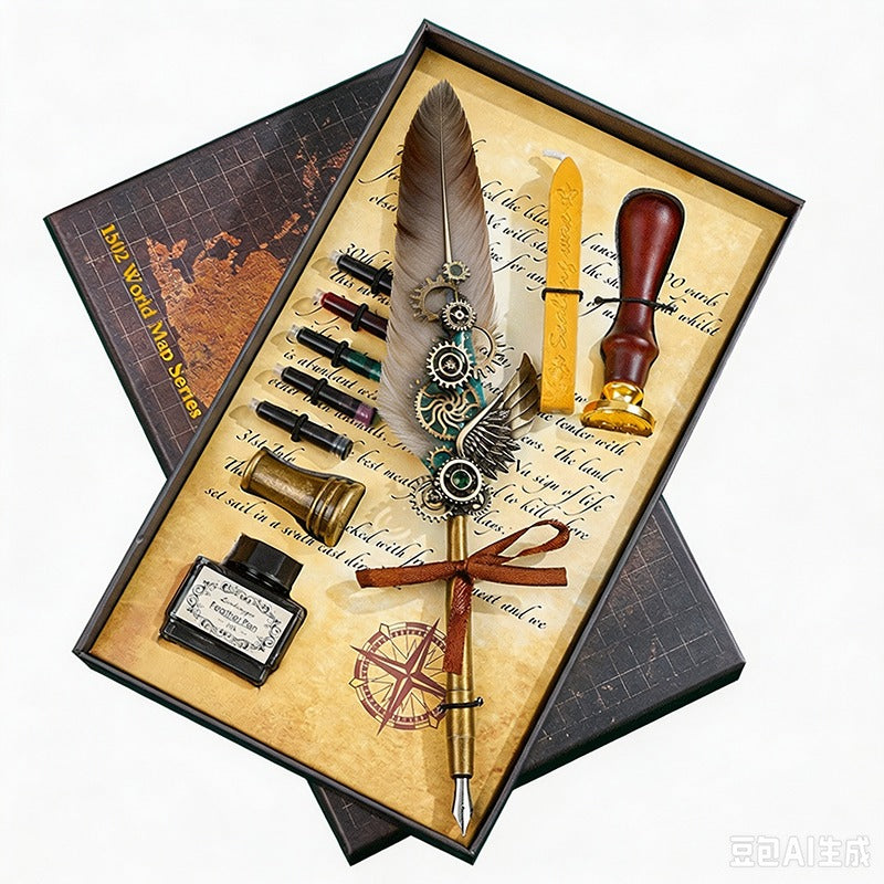 Fountain Pen Gift Set, Vintage Gear Feather Quill Pen 9.84" with Ink Bottle, 5 Ink Cartridges, Wax Seal, Metal Pen Holder and Gift Box, Retro Calligraphy Writing Set for Office, School and Gifts
