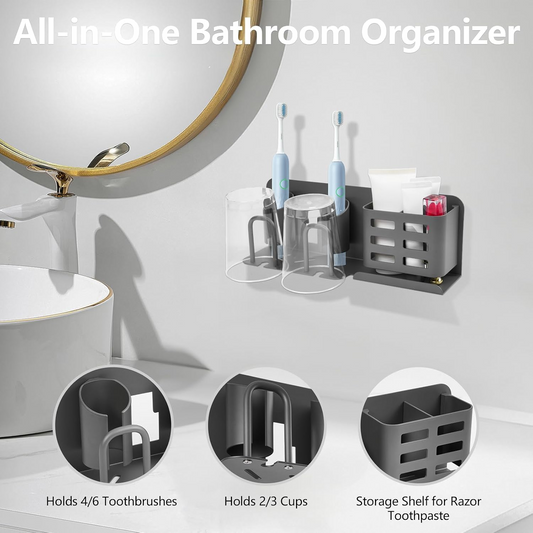 Toothbrush Holder Wall Mounted, 10.6"*2.6"*3.7" Drill-Free Electric Toothbrush & Toothpaste Organiser with Razor Caddy, Gunmetal Grey Space Aluminium, for Bathroom Washbasin Family