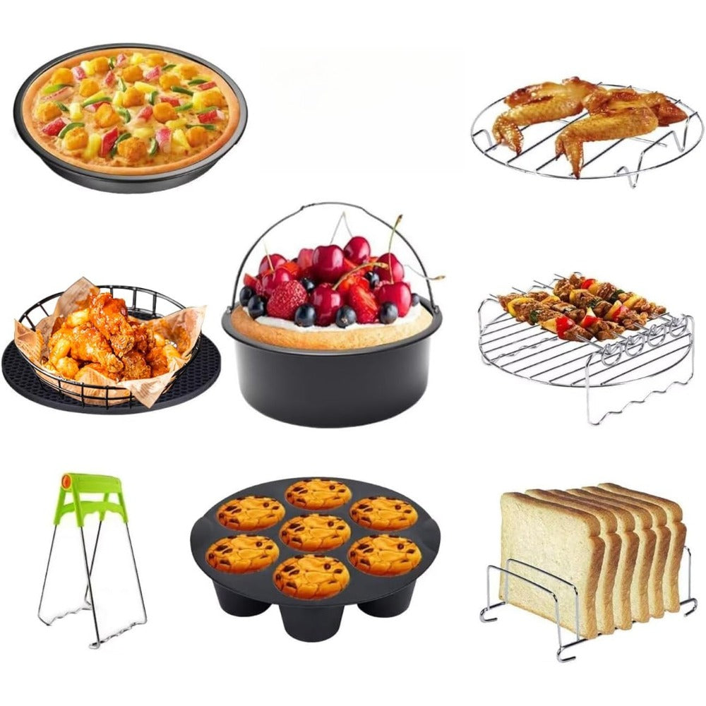 8 Inch Air Fryer Accessories Set of 8 for 3.5Qt-5.8Qt Phillips Nuwave Gowise Gourmia Ninja Dash Air Fryer, with Egg Bites Mold, Pizza Pan, Cake Barrel, Skewer Rack, Silicone Mat, Air Fryer Liners