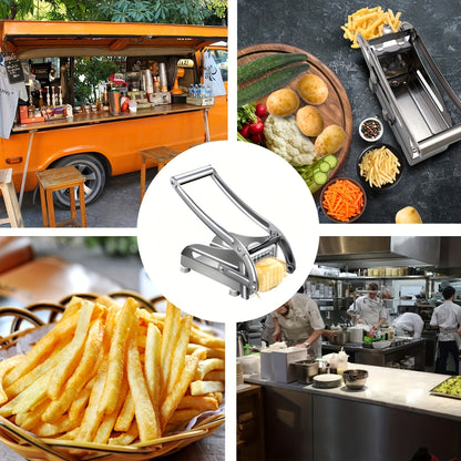 French Fry Cutter Potato Chipper, with 2 Interchangeable Blades & Non-Slip Feet Heavy Duty Lever, Silver Stainless Steel, for Home Kitchen Restaurant French Fries Chips