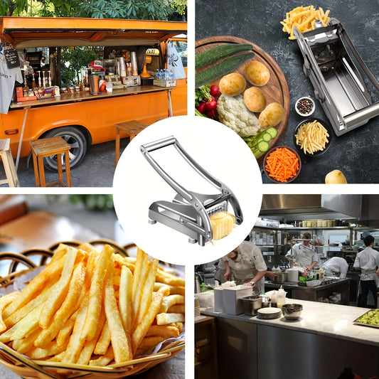 French Fry Cutter Potato Chipper, with 2 Interchangeable Blades & Non-Slip Feet Heavy Duty Lever, Silver Stainless Steel, for Home Kitchen Restaurant French Fries Chips