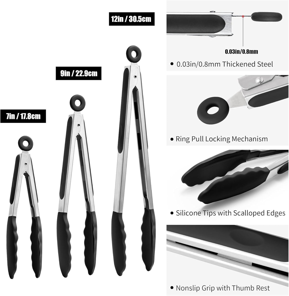 3PCS Kitchen Tongs with Silicone Tips for Cooking Serving 7, 9, 12 Inch, Heavy Duty Stainless Steel Locking Tong for BBQ, Grilling Steak, Salad, Toast, Pasta