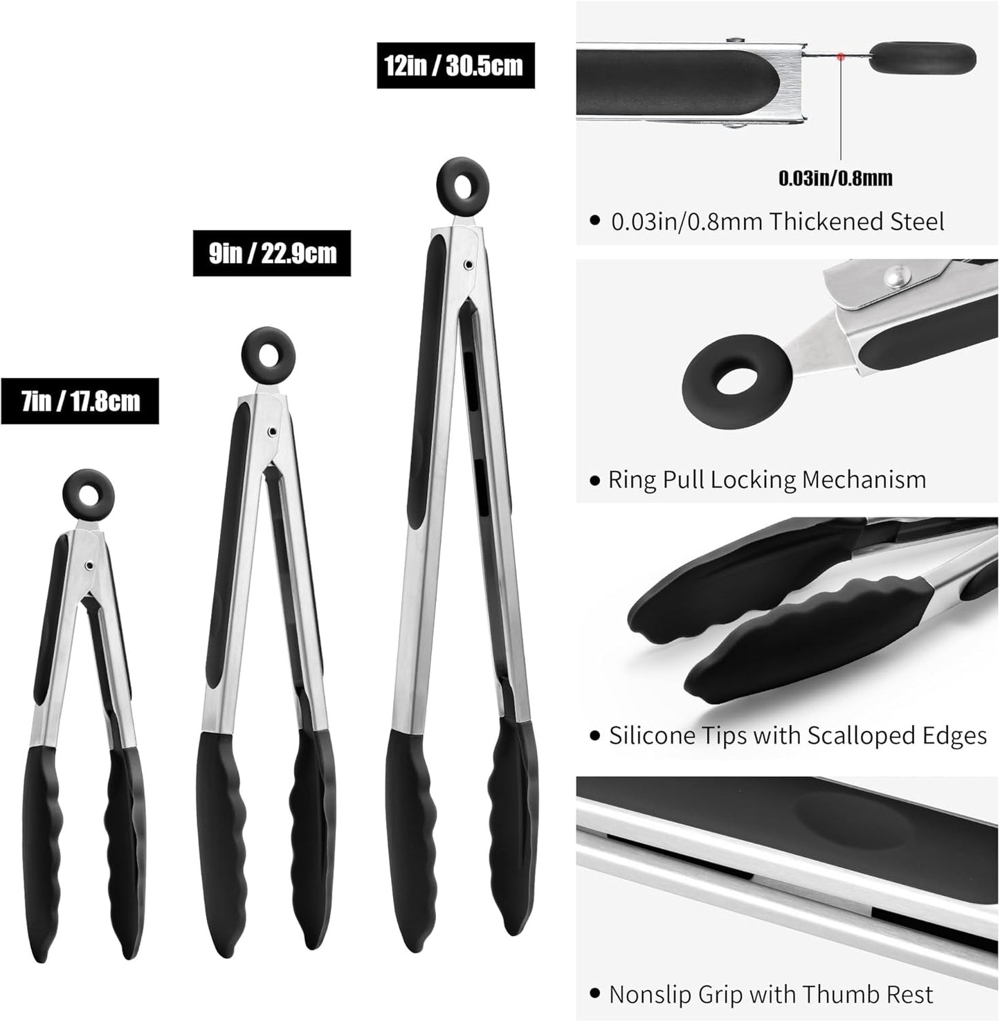 3PCS Kitchen Tongs with Silicone Tips for Cooking Serving 7, 9, 12 Inch, Heavy Duty Stainless Steel Locking Tong for BBQ, Grilling Steak, Salad, Toast, Pasta