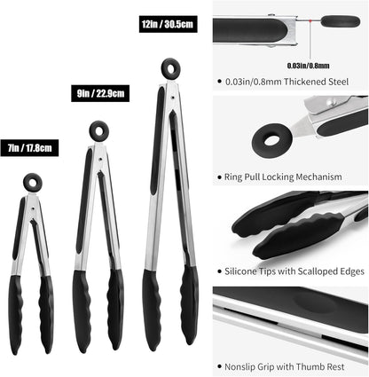 3PCS Kitchen Tongs with Silicone Tips for Cooking Serving 7, 9, 12 Inch, Heavy Duty Stainless Steel Locking Tong for BBQ, Grilling Steak, Salad, Toast, Pasta