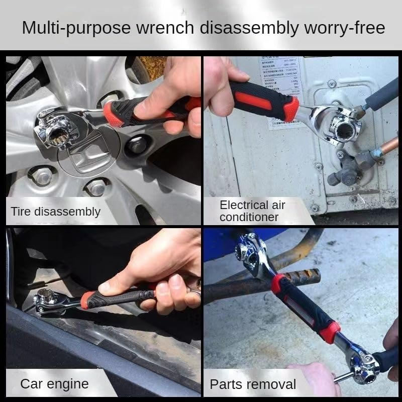 Universal Socket Wrench, 52-in-1 Multi Function 360 Degree Rotating Head (8mm-19mm Metric) Non-Magnetic Spline Socket, Red & Black Cr-V Steel, for Auto Car Repair Home Maintenance Mechanics