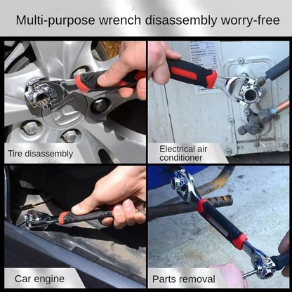 Universal Socket Wrench, 52-in-1 Multi Function 360 Degree Rotating Head (8mm-19mm Metric) Non-Magnetic Spline Socket, Red & Black Cr-V Steel, for Auto Car Repair Home Maintenance Mechanics