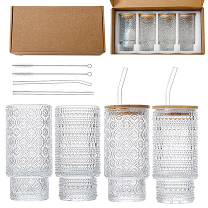 Drinking Glasses Set of 4, Textured Flower Design Cocktail Glasses, Stackable Old Fashioned Glass Cups, Vintage Glassware for a baby Shower Wedding for Kitchen and Bar - Dishwasher Clear