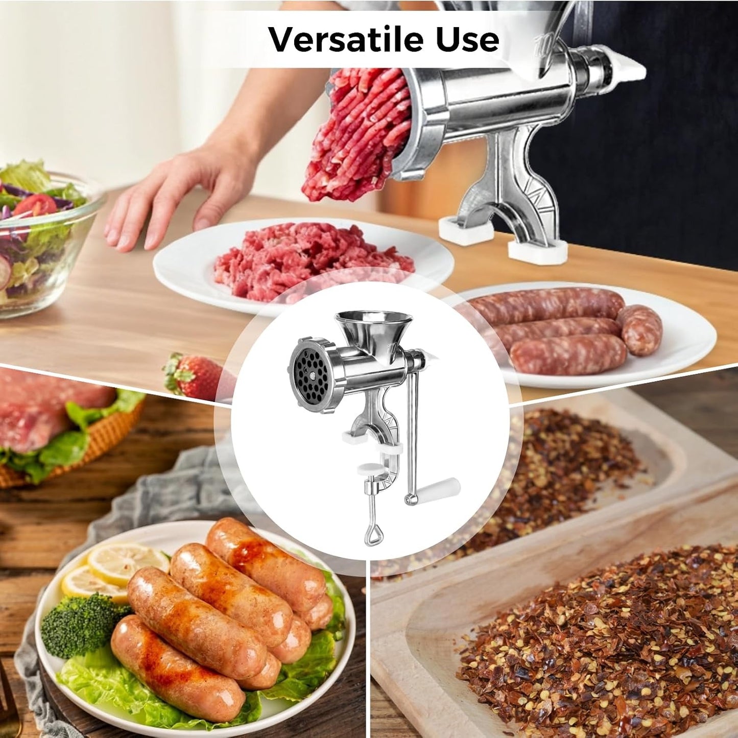 Manual Meat Grinder,304 Stainless Steel Hand Meat Grinder for Home Use, Food Grinder Manual Mincer Hand Crank with Sausage Funnels, Hand Operated Kitchen Tool for Pork, Chili, and Sausage, Silver