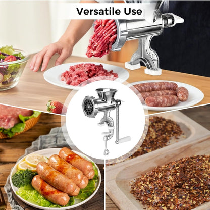 Manual Meat Grinder,304 Stainless Steel Hand Meat Grinder for Home Use, Food Grinder Manual Mincer Hand Crank with Sausage Funnels, Hand Operated Kitchen Tool for Pork, Chili, and Sausage, Silver
