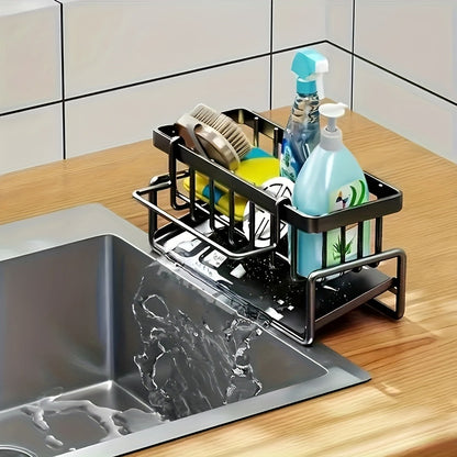 Multi functional metal kitchen sink storage rack with detachable brush holder - self draining storage rack for sponges, scrubbers, and detergent bottles, including cloth hanging trough, sponge and towel rack | Modern kitchen accessories