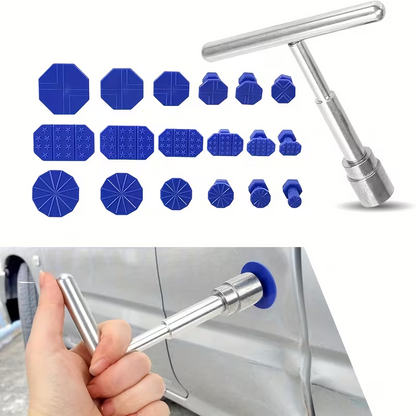 Car Dent Puller Paintless Dent Repair Kit, 18Pcs T-Bar Hand Tool Set with Blue Glue Tabs, Silver Stainless Steel & Blue Plastic, for Auto Body Fender Hail Damage Repair DIY Car Owners
