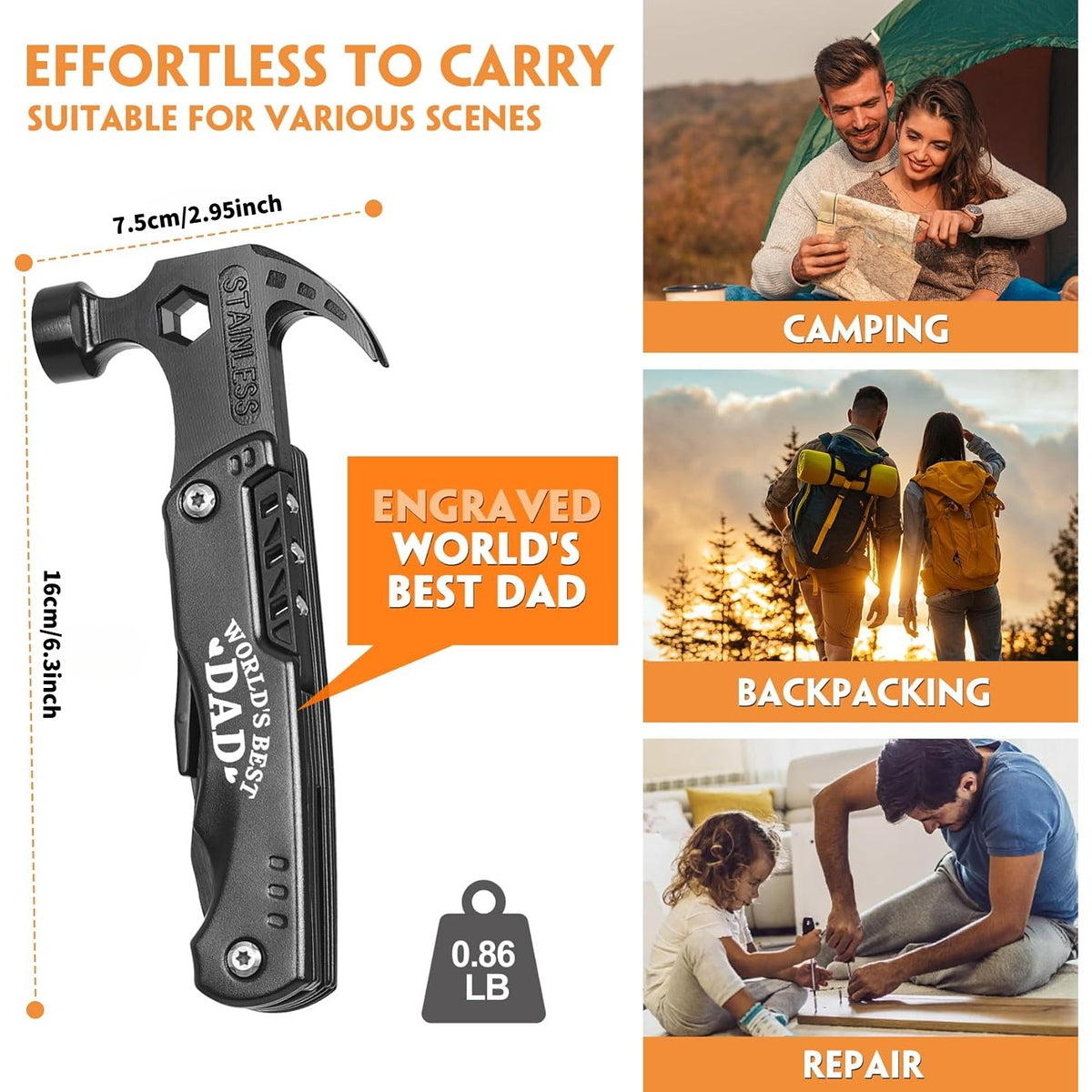 15 in 1 heavy-duty camping hammer multifunctional tool with knife, hammer, saw, screwdriver, bottle opener, and pliers - suitable for camping, construction DIY- Multi functional survival tool for emergency situations, equipped with a portable sheath,