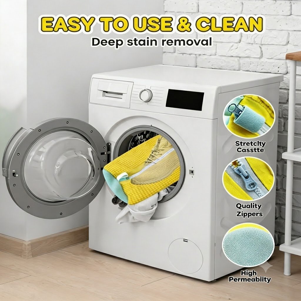 Shoe Washing Machine Bag, 2Pcs Set Reusable Sneaker Laundry Bag with Fluffy Chenille Microfiber 360° Deep Cleaning & Durable Zipper, Yellow/Blue/Grey Soft Mesh, for Sneakers Running Shoes Washer & Dryer