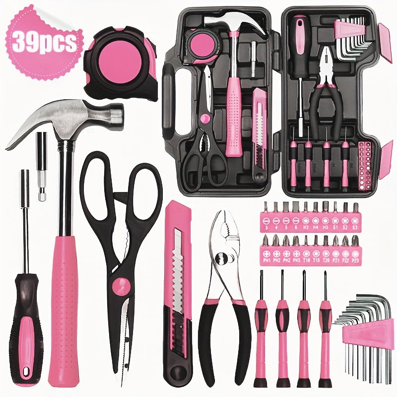 39-piece Pink Tool Set | Includes screwdriver, pantry knife, scissors, measuring tape, hammer, Allen wrench, and pliers | Suitable for home, garage, garden, office, and college dormitories | Ideal for women