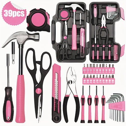39-piece Pink Tool Set | Includes screwdriver, pantry knife, scissors, measuring tape, hammer, Allen wrench, and pliers | Suitable for home, garage, garden, office, and college dormitories | Ideal for women