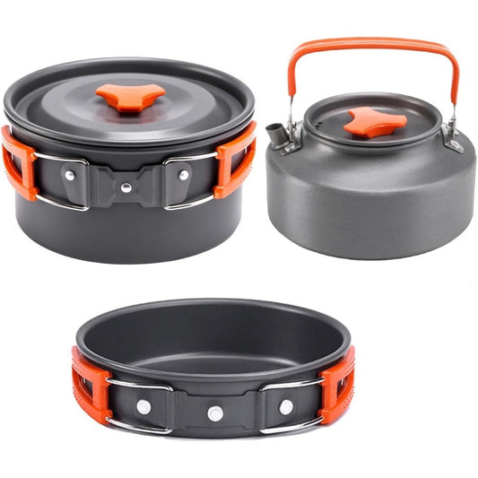 Portable Camping Cookware Set - Lightweight Aluminum Pot, Pan & 1.1L Kettle with Foldable Handles for Backpacking, Hiking & Outdoor Cooking - Non-Stick, Space-Saving for 2-3 People