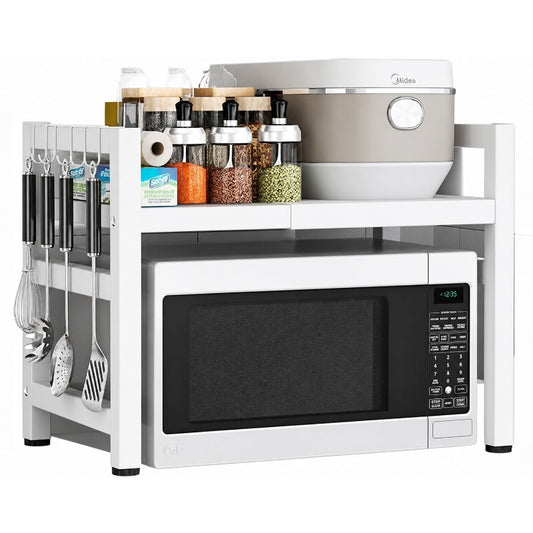 2 Tier Expandable Microwave Oven Rack, Kitchen Microwave Shelf Stand with Hook, Toaster Rack for Countertop Organization, Heavy Duty Pantry Shelf, White