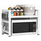 2 Tier Expandable Microwave Oven Rack, Kitchen Microwave Shelf Stand with Hook, Toaster Rack for Countertop Organization, Heavy Duty Pantry Shelf, White