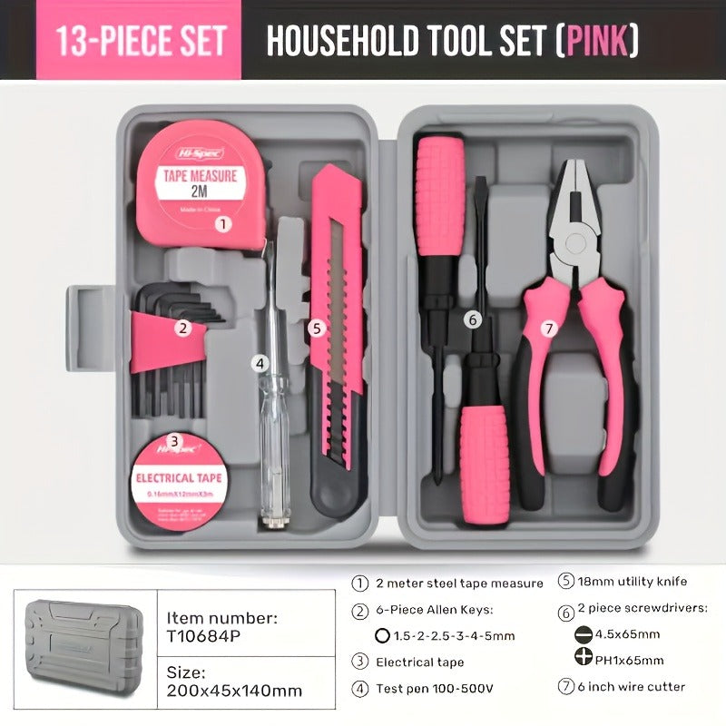 13-Piece High-Specification Pink Portable Multi-Tool Set - Portable DIY Tool Set with Screwdriver, Tape Measure, Voltage Tester, Electrical Tape, Pliers, Utility Knife - Heavy-Duty Metal Hand Tools for Home, Compact (Pink & Black) Gift, Tool Box
