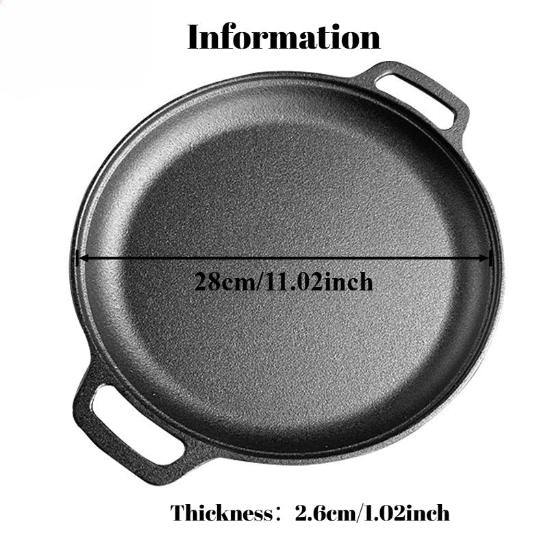 Multi functional thickened cast iron pot - uncoated non stick pot, double ear flat bottomed pot - suitable for grilling meat, frying eggs, barbecue, and pancakes - compatible with all stoves, ideal for home kitchen and outdoor cooking.