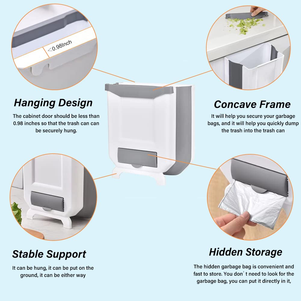 Hanging Trash Can for Kitchen Cabinet Door, Collapsible & Wall Mounted Space Saving Waste Bin, 3 Colours Durable PP Plastic, for Kitchen Bathroom Car Office Household Cleaning