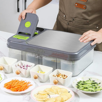 Vegetable Chopper, 16-in-1 Vegetable Dicer with Stainless Steel Chopping Board Top Panel & 4 Storage Drawers Hand Guard Peeler, Grey Green Stainless Steel, for Onion Garlic Salad Prep Home Kitchen