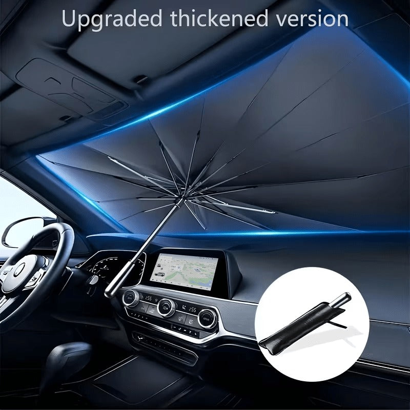 Car Windscreen Sun Shade Umbrella, Large Size 99% UV Ray Heat Blocking Foldable Sun Visor Shield with Pouch, Titanium Silver Coating Metal, for Car Front Window SUV Van Owners