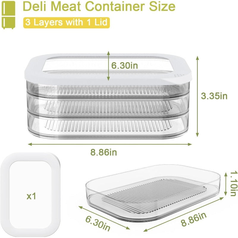 3 Layer Stackable Deli Meat Container with Drainage Groove and Silicone Lid, Clear Refrigerator Storage Containers for Lunch Meats, Cold Cuts, Bacon, Cheese.