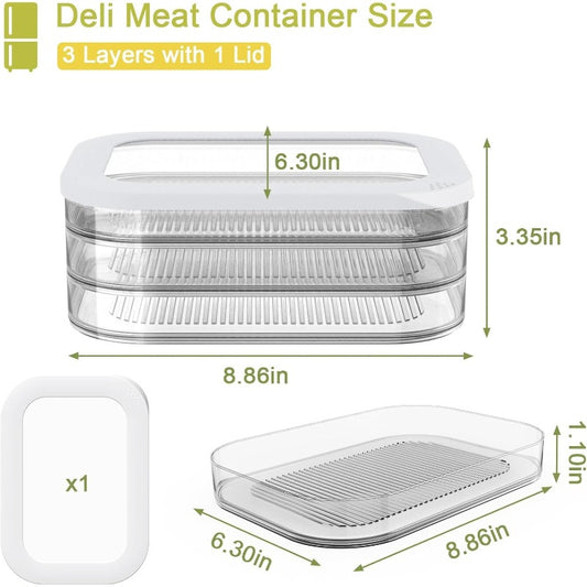 3 Layer Stackable Deli Meat Container with Drainage Groove and Silicone Lid, Clear Refrigerator Storage Containers for Lunch Meats, Cold Cuts, Bacon, Cheese.