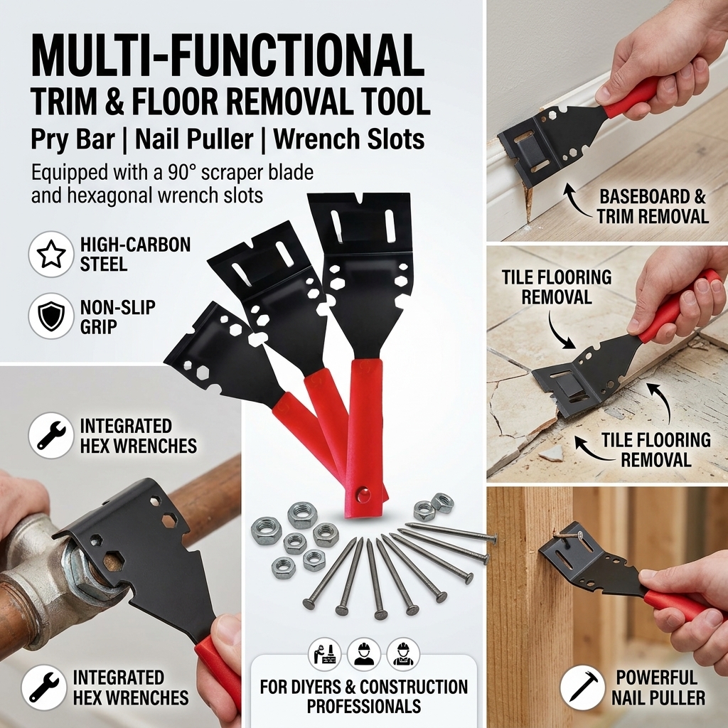 Trim Puller Tool, Multi-Function Pry Bar Nail Puller with 90 Degree Angled Scraper Blade & Hex Wrench Slots, Red & Black High Carbon Steel, for Baseboard Molding Tile Floor Removal DIYers Builders