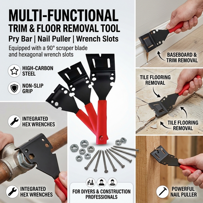 Trim Puller Tool, Multi-Function Pry Bar Nail Puller with 90 Degree Angled Scraper Blade & Hex Wrench Slots, Red & Black High Carbon Steel, for Baseboard Molding Tile Floor Removal DIYers Builders