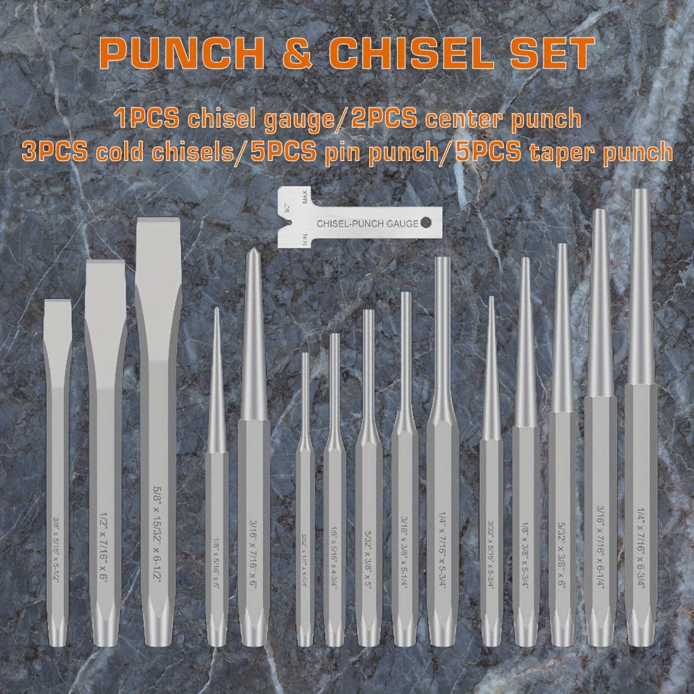 16-Piece Chrome Vanadium Steel Impact Chisel Set - Industrial Grade, Tapered, Pin, Center Punch, Includes Cold Chisel and Punch Kit