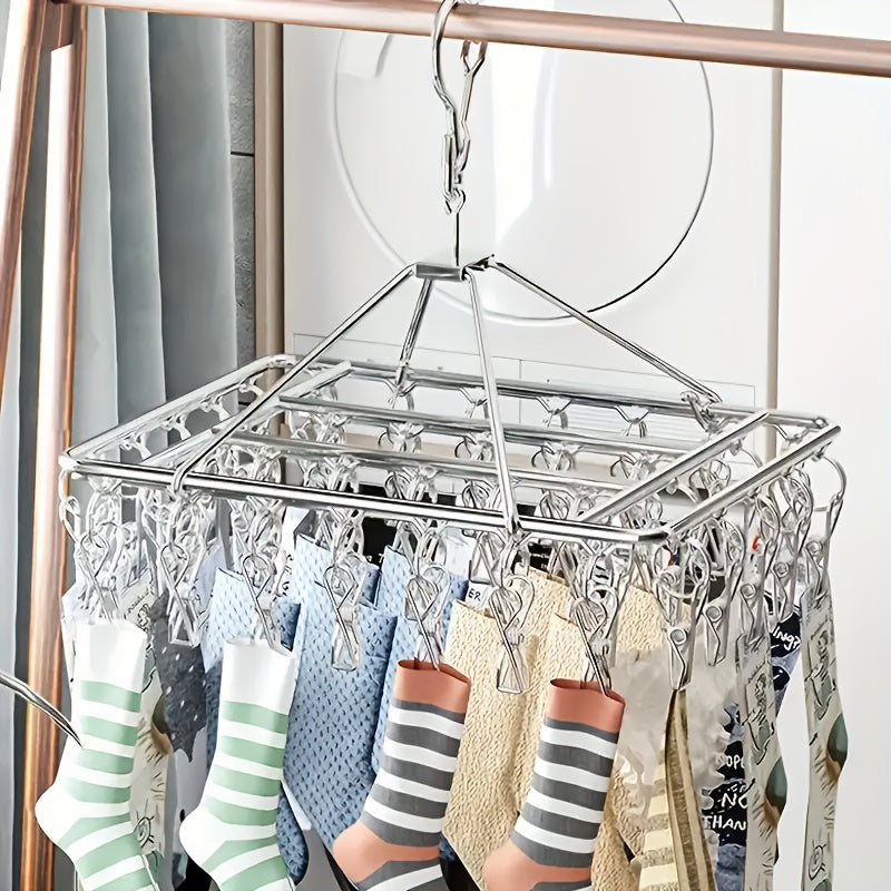 Stainless Steel Sock Drying Rack with 60 Clips, Swivel Hook Wind-Proof Clothes Hanger Rack for Sock, Bras, Underwear, Laundry Accessories
