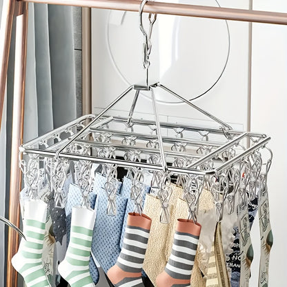 Stainless Steel Sock Drying Rack with 60 Clips, Swivel Hook Wind-Proof Clothes Hanger Rack for Sock, Bras, Underwear, Laundry Accessories