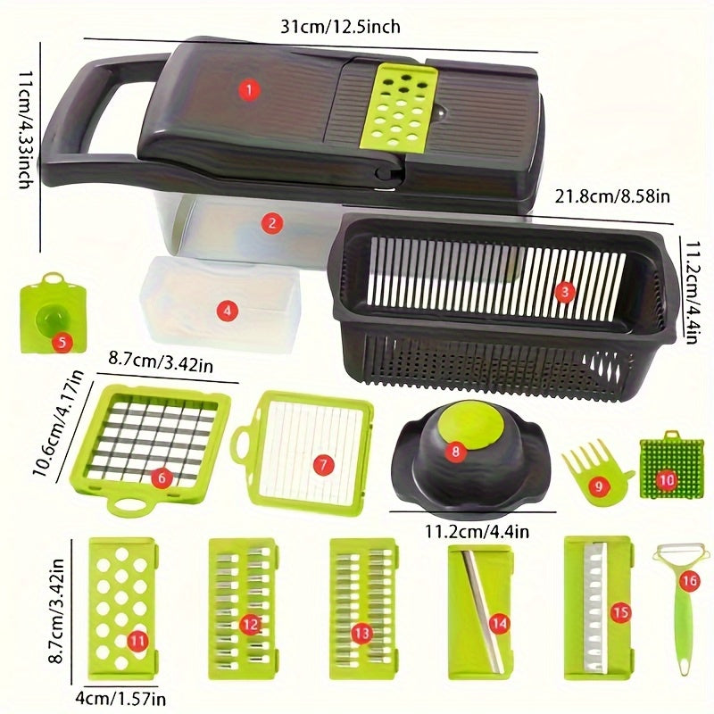 [16-in-1 Efficient Meal Preparation] Multi-function Vegetable Cutter, Vegetable Slicer, Shredder, Dicer, Manual Onion and Potato Grater/ Safety Hand Guard and Container/ Electricity-Free Kitchen Cooker