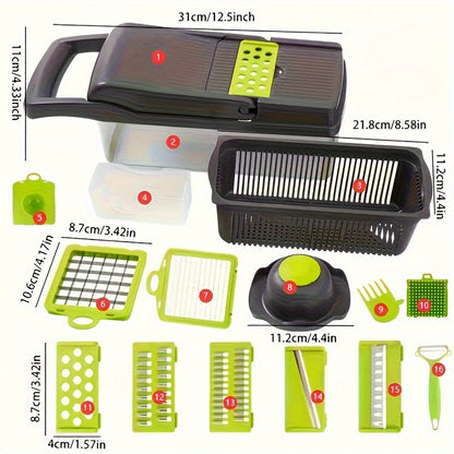 [16-in-1 Efficient Meal Preparation] Multi-function Vegetable Cutter, Vegetable Slicer, Shredder, Dicer, Manual Onion and Potato Grater/ Safety Hand Guard and Container/ Electricity-Free Kitchen Cooker