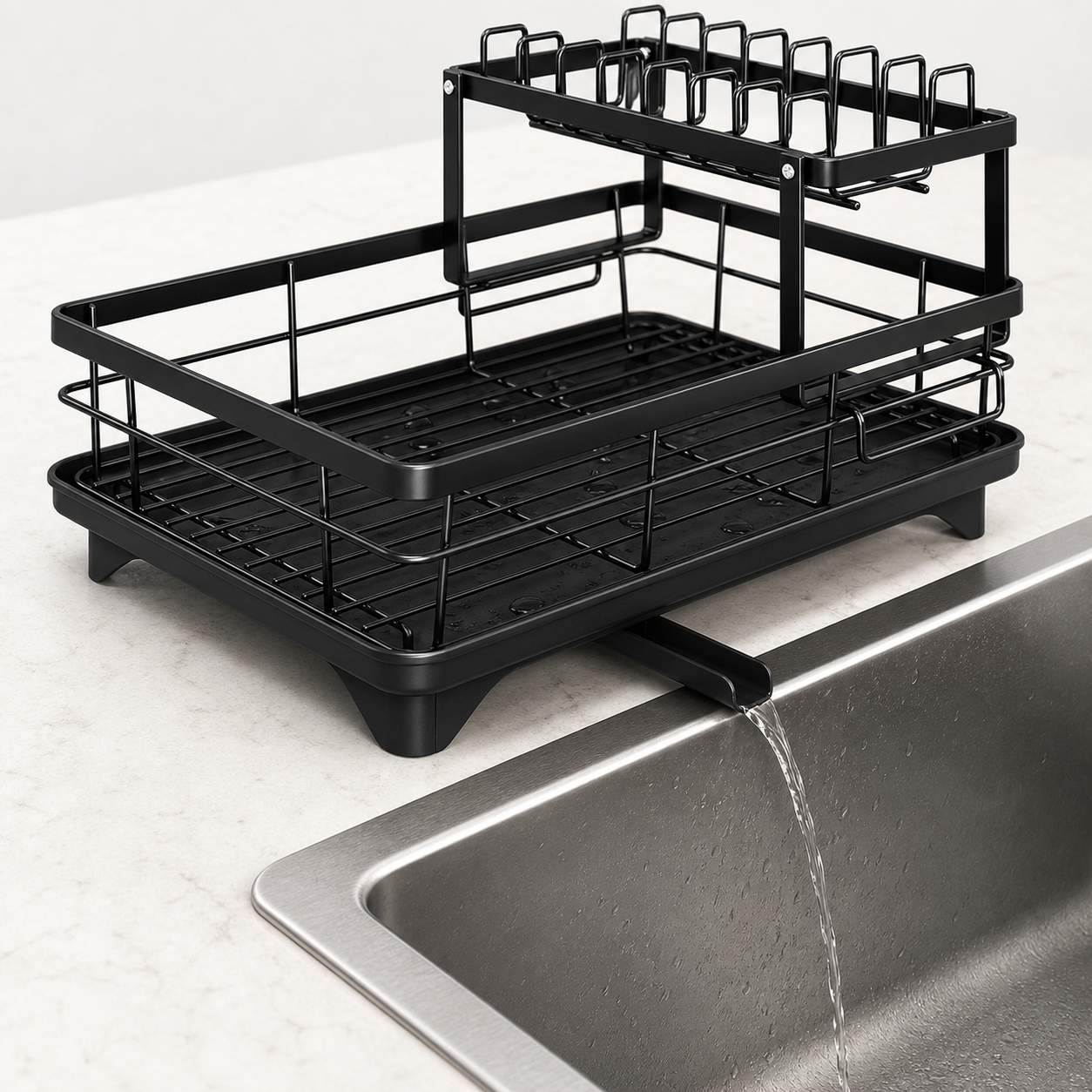 Black Carbon Steel Dish Drying Rack with Drainboard, Kitchen Dish Rack Carbon Steel Kitchen Drying Rack, Dish Racks for Kitchen Counter with Utensil Holder Cup Holders Cutting (Double Layer)