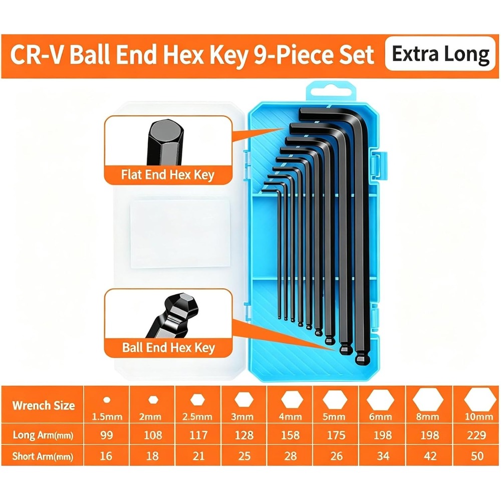 L-Shaped Ball-End Hex Wrench Set - S2 Hardened Long-Length Hex Socket Screwdriver Tool with 6-Point Design for Precision Fastening