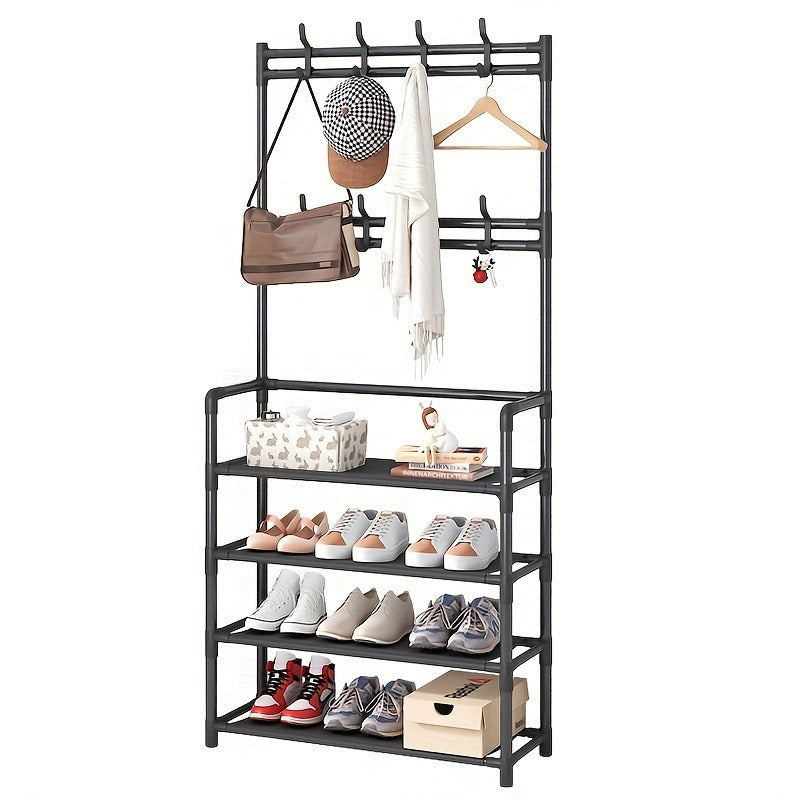 Simple Houseware Coat Rack with Shelf, Standing Hall Tree with Hooks, Black | For Entryway, Bedroom, Office, Black Metal Clothes Hanger Stand for Coats, Hats, Jackets, Bags