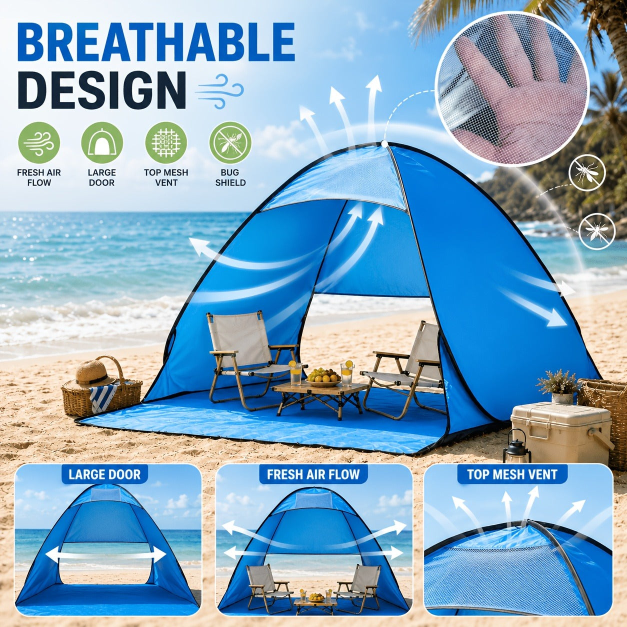 Pop Up Beach Tent – for 3-4 Person UPF 50+ UV Sun Protection Beach Shade Pop Up Sun Shelter with Carry Bag for Beach, Park, Camping