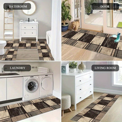 Rug Hallway Runner Rug Washable Kitchen Runner Rugs with Rubber Backing Brown Plaid Vintage Rug for Entryway Indoor, Kitchen, Laundry, Bedroom