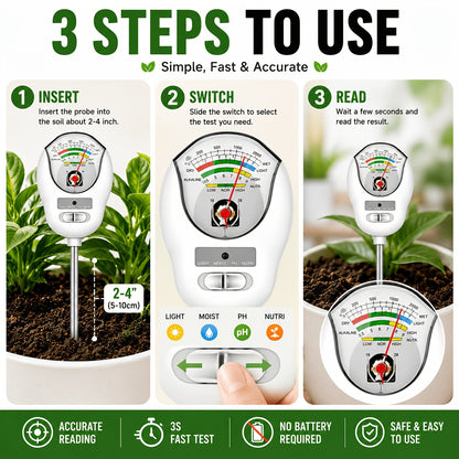 Soil Moisture Meter, 4-in-1 Soil pH Tester, Moisture/Light/Nutrients/pH Meter for Gardening, Lawn, Farming, Indoor & Outdoor Plants Use, No Batteries Required, Gifts for Plants Lover