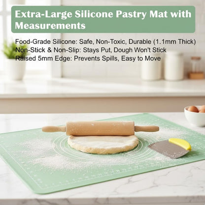 Silicone Baking Mat, 28" x 20", Extra Thick Non Slip Pastry Mat with Measurements, Food Grade Dough Rolling Mat with Raised Edge and Scraper for Bread Pizza