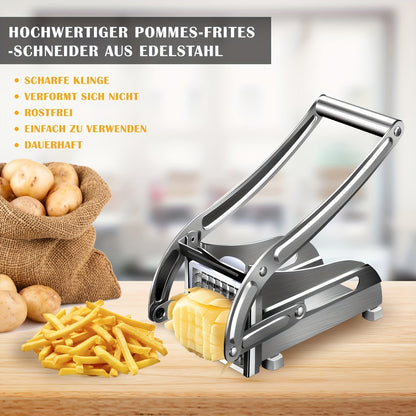 French Fry Cutter Potato Chipper, with 2 Interchangeable Blades & Non-Slip Feet Heavy Duty Lever, Silver Stainless Steel, for Home Kitchen Restaurant French Fries Chips