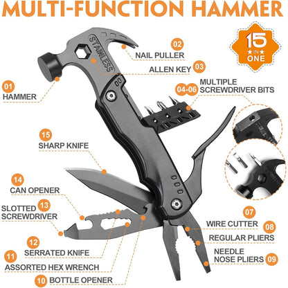 15 in 1 heavy-duty camping hammer multifunctional tool with knife, hammer, saw, screwdriver, bottle opener, and pliers - suitable for camping, construction DIY- Multi functional survival tool for emergency situations, equipped with a portable sheath,