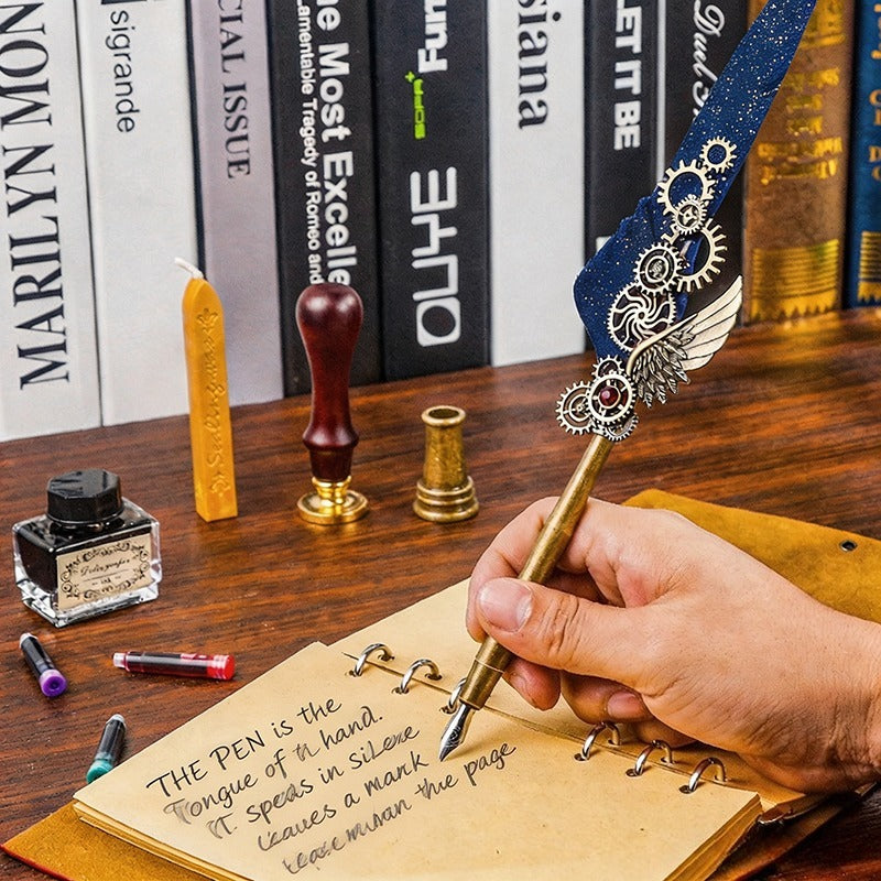 Fountain Pen Gift Set, Vintage Gear Feather Quill Pen 9.84" with Ink Bottle, 5 Ink Cartridges, Wax Seal, Metal Pen Holder and Gift Box, Retro Calligraphy Writing Set for Office, School and Gifts