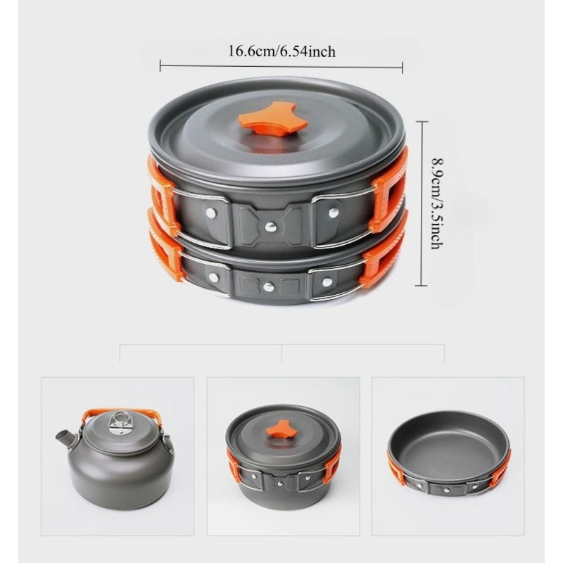 Portable Camping Cookware Set - Lightweight Aluminum Pot, Pan & 1.1L Kettle with Foldable Handles for Backpacking, Hiking & Outdoor Cooking - Non-Stick, Space-Saving for 2-3 People