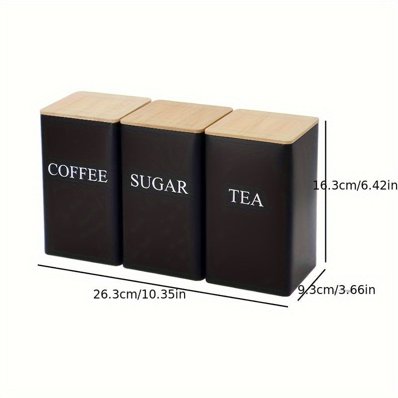 3-Piece Coffee and Snack Storage Canisters Set - Bamboo Lid & Iron Art Display Square Jars for Coffee Beans and Tea